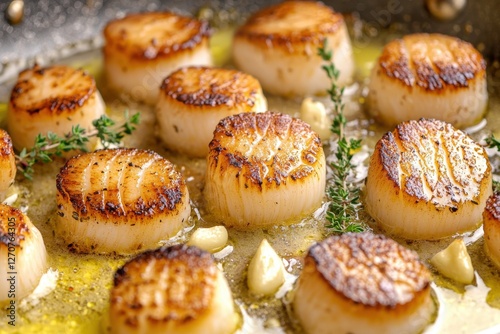 A close up of seared scallops in a pan with butter, garlic, and thyme, showcasing their golden-brown crust and tender texture, ready to be served as a gourmet dish.