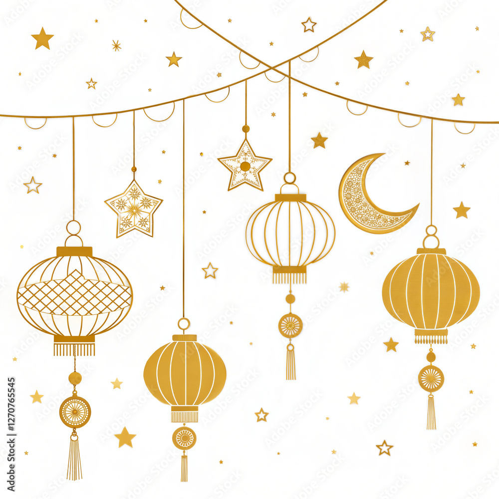 Golden lanterns suspended on strings, illuminated against a backdrop of stars and a crescent moon. Golden lanterns suspended on strings, illuminated against a backdrop of stars and a crescent moon.
