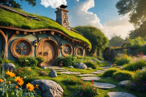 Whimsical Hobbit House Surrounded by Lush Greenery, Wildflowers, and a Rustic Stone Chimney, Featuring Wooden Doors, Intricate Carvings, and a Cozy, Enchanting Fairytale Atmosphere