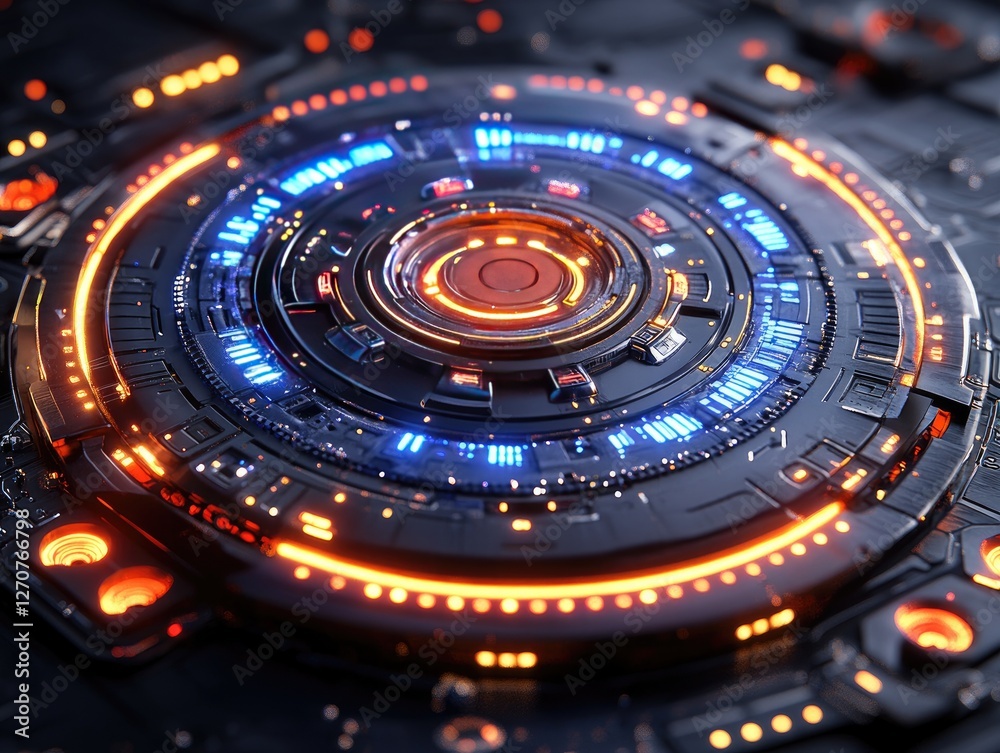 Futuristic Tech: Circular Interface Glows Brightly with Orange & Blue Lights Futuristic Tech: Circular Interface Glows Brightly with Orange & Blue Lights