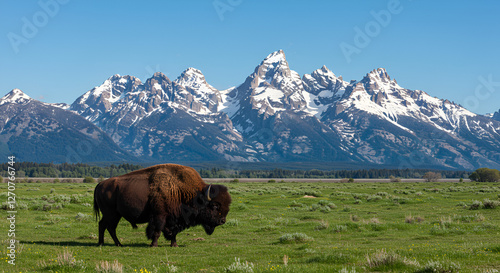 A bison standing majestically against the backdrop of the Grand Teton Mountain range covered with snow, with lush grass filling the foreground.
