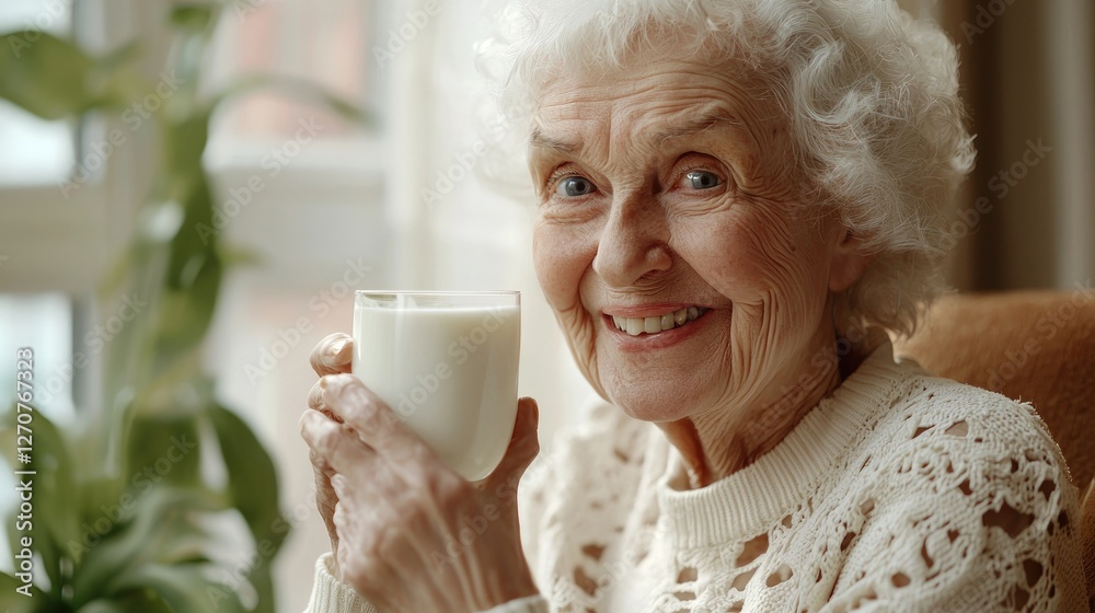 Elderly Woman Enjoying a Glass of Milk Near Window Elderly Woman Enjoying a Glass of Milk Near Window