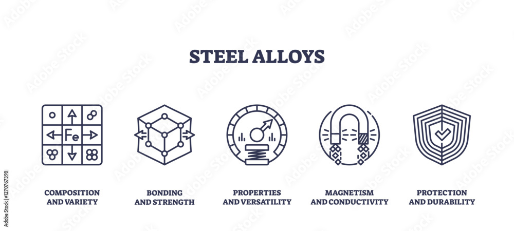 Fototapeta premium Steel alloys icons outline showing composition, bonding, properties, magnetism, and protection. Outline icons set.