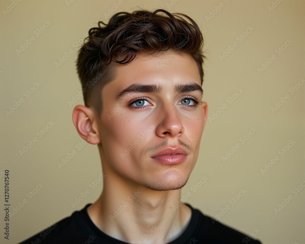 A young man with curly hair and striking blue eyes poses against a neutral background, showcasing a confident expression. A young man with curly hair and striking blue eyes poses against a neutral background, showcasing a confident expression.