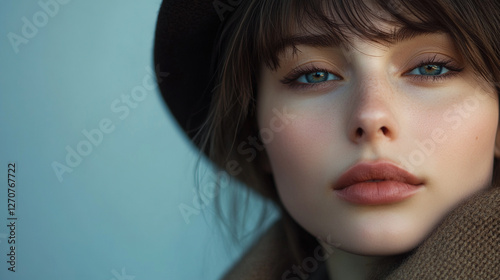 Close-up portrait of a woman with fair skin, blue eyes, and a brown hat, capturing a serene and soft aesthetic. photo