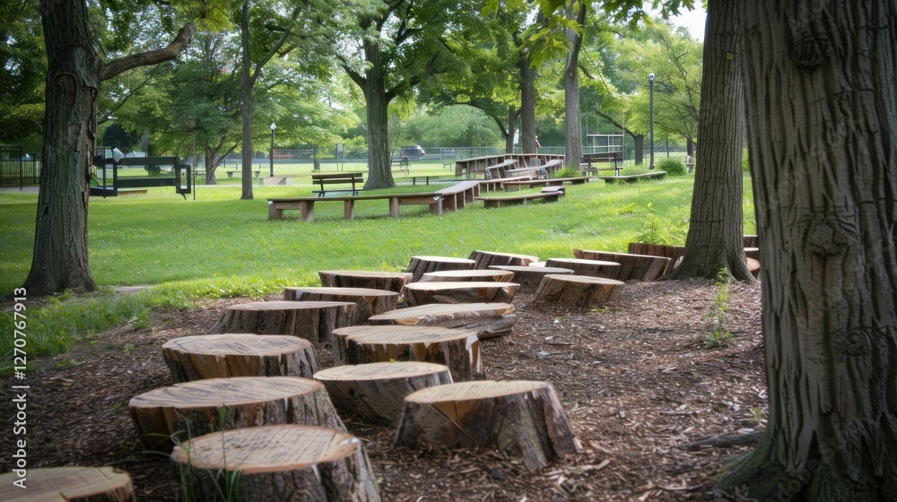 Serene Park with Tree Stump Seats and Wooden Benches Serene Park with Tree Stump Seats and Wooden Benches