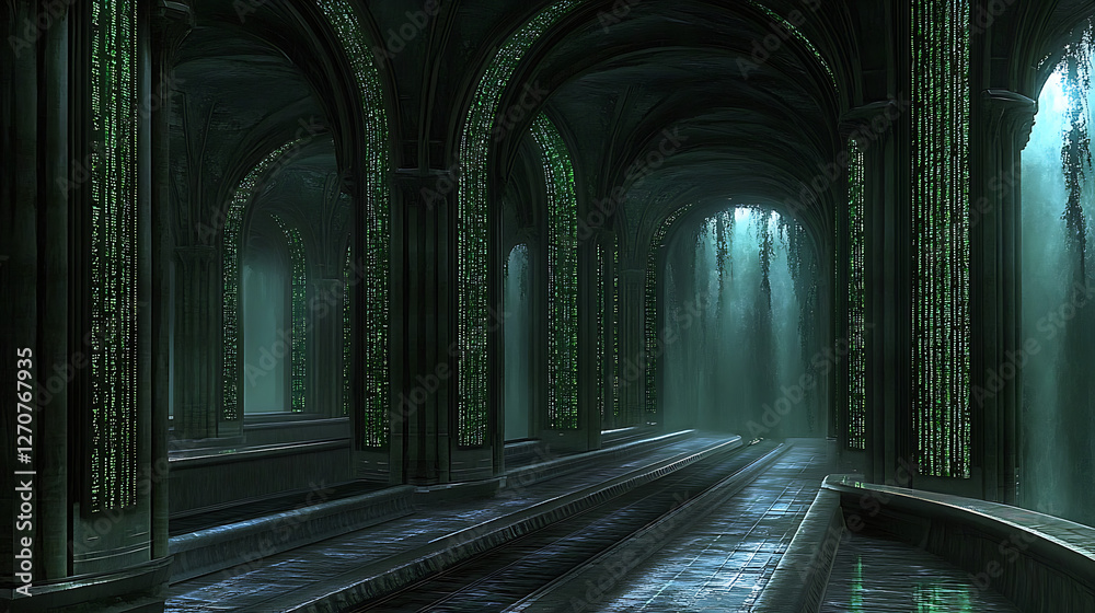 Fototapeta premium Matrix Inspired Cathedral Interior With Glowing Binary Code Cascades And Arched Gothic Architecture