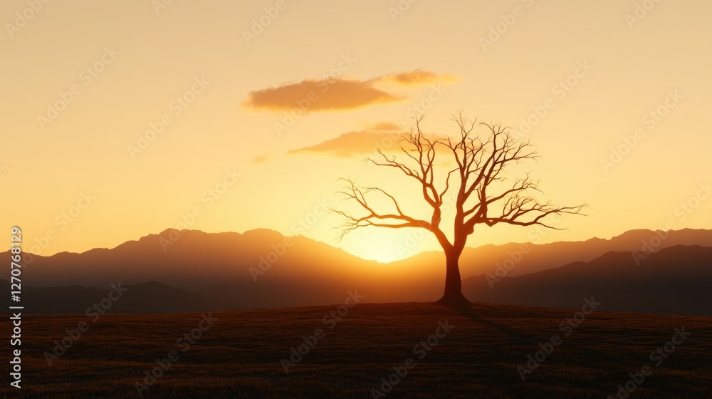 Solitary tree silhouetted against a sunset backdrop Solitary tree silhouetted against a sunset backdrop