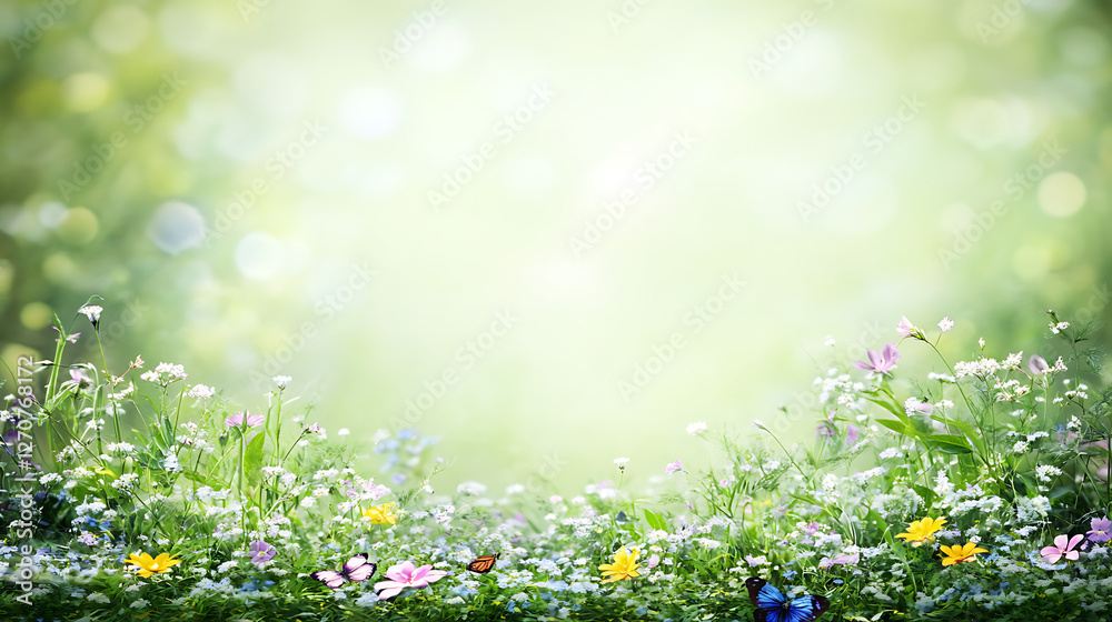 Fototapeta premium Meadow of Colorful Flowers and Butterflies in Soft Focus for Serene Springtime Backdrop Beauty