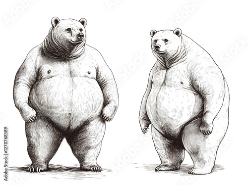 Fat overweight large bear standing with a robust posture, showcasing intricate fur textures in vintage, sketch engraving generative ai vector illustration. Scratch board. Black and white image. photo