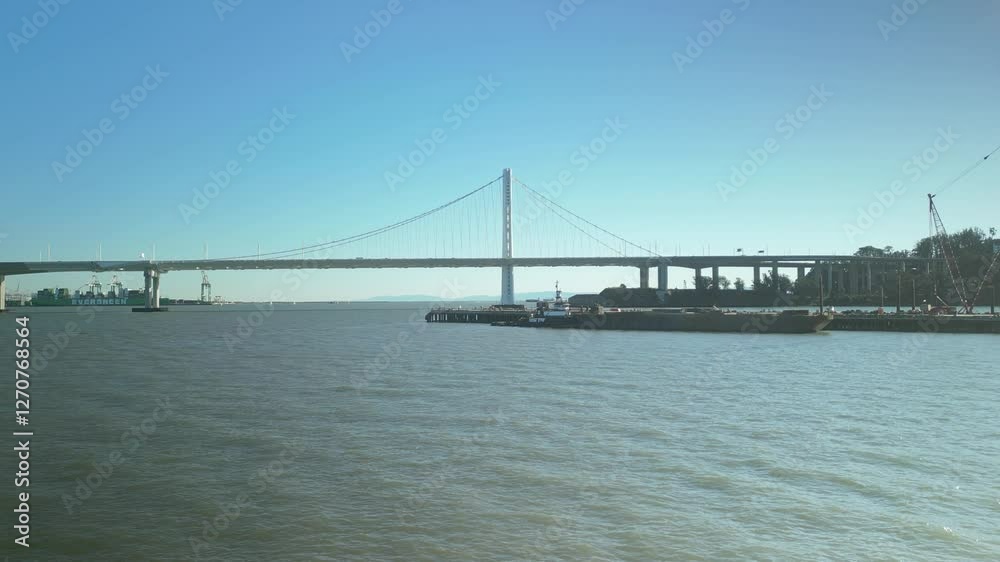 Crane drone shot of San Francisco-Oakland Bay Bridge to Treasure Island in the day in California, USA Crane drone shot of San Francisco-Oakland Bay Bridge to Treasure Island in the day in California, USA
