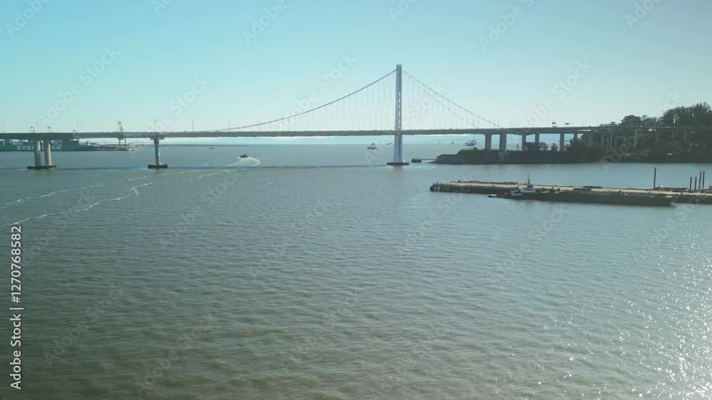 Aerial drone shot of San Francisco-Oakland Bay Bridge with sunny weather in California, USA Aerial drone shot of San Francisco-Oakland Bay Bridge with sunny weather in California, USA