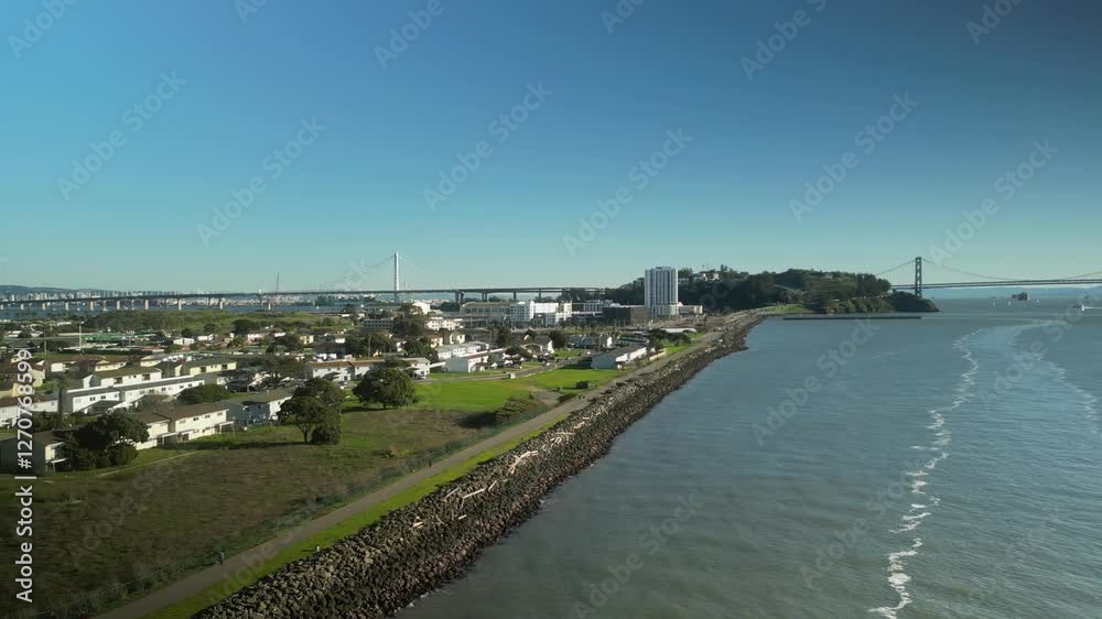 Pan drone shot of Treasure Island and San Francisco-Oakland Bay Bridge with Pacific Ocean in California, USA Pan drone shot of Treasure Island and San Francisco-Oakland Bay Bridge with Pacific Ocean in California, USA