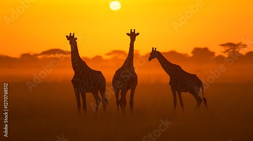 Giraffes silhouetted at sunrise in savanna photo