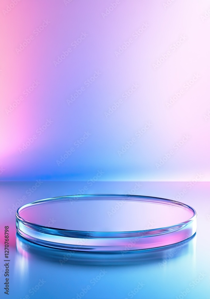 Circular glass platform with iridescent reflections on a gradient blue and pink background. Circular acrylic podium mockup Circular glass platform with iridescent reflections on a gradient blue and pink background. Circular acrylic podium mockup