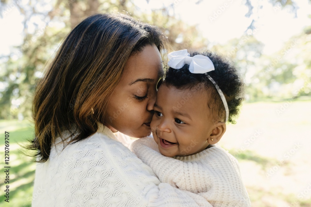 Affectionate mother kissing daughter in garden Affectionate mother kissing daughter in garden