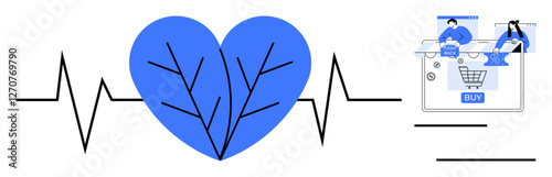 Heart with heartbeat line and people shopping online. Ideal for health, ecommerce, technology, lifestyle, digital payments, online services, user experience. Line metaphor