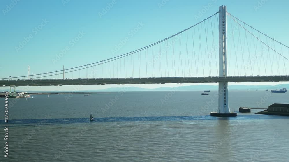 Crane drone shot close to San Francisco-Oakland Bay Bridge to Treasure Island in the day in California, USA Crane drone shot close to San Francisco-Oakland Bay Bridge to Treasure Island in the day in California, USA