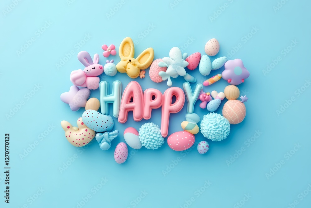 Obraz premium Festive Easter design with colorful eggs and Happy Easter wishes on blue background 