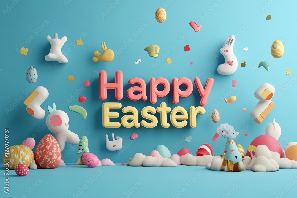 Obraz premium Festive Easter design with colorful eggs and Happy Easter wishes on blue background 