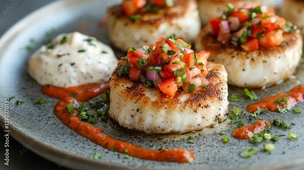 A plate of seared scallops topped with fresh salsa and sauces. A plate of seared scallops topped with fresh salsa and sauces.