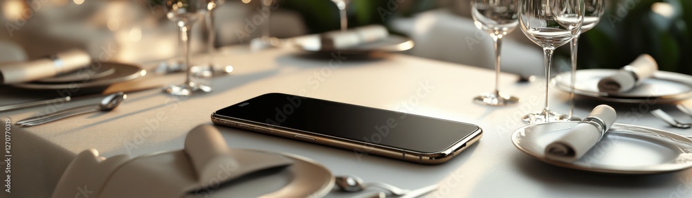 A smartphone rests elegantly on a dining table set with glassware and cutlery, highlighting a blend of technology and fine dining ambiance. A smartphone rests elegantly on a dining table set with glassware and cutlery, highlighting a blend of technology and fine dining ambiance.