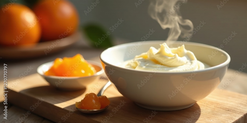 Warm Creamy Dessert with Sweet Citrus Compote Served in a Bowl on Wooden Board Warm Creamy Dessert with Sweet Citrus Compote Served in a Bowl on Wooden Board