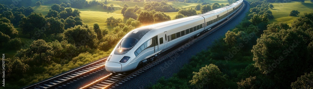 Naklejka premium A sleek high-speed train travels through a lush landscape, showcasing modern transportation against a backdrop of greenery and open skies.