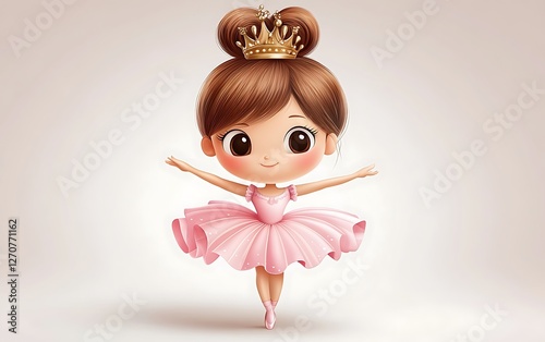 Cartoon ballerina in pink tutu & crown dances on stage, showcasing grace for children?s entertainment photo