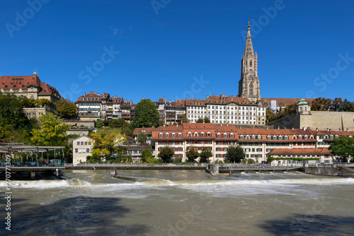 Bern Old City skyline and Mattenschwelle weir in the Aare River, Switzerland