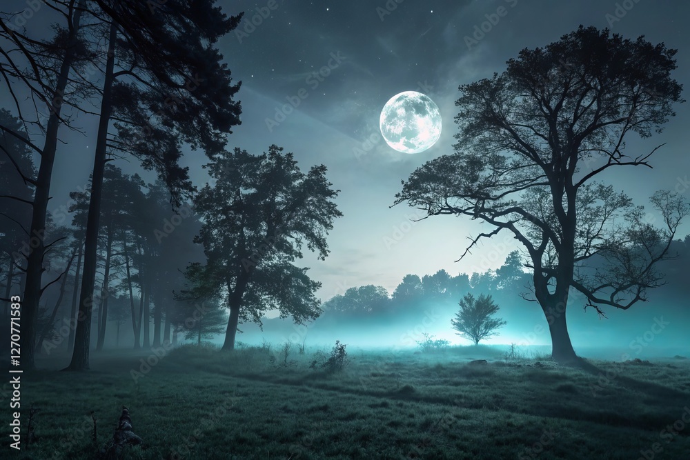 Fototapeta premium A Halloween scene with a large moon in the background and bats flying around.