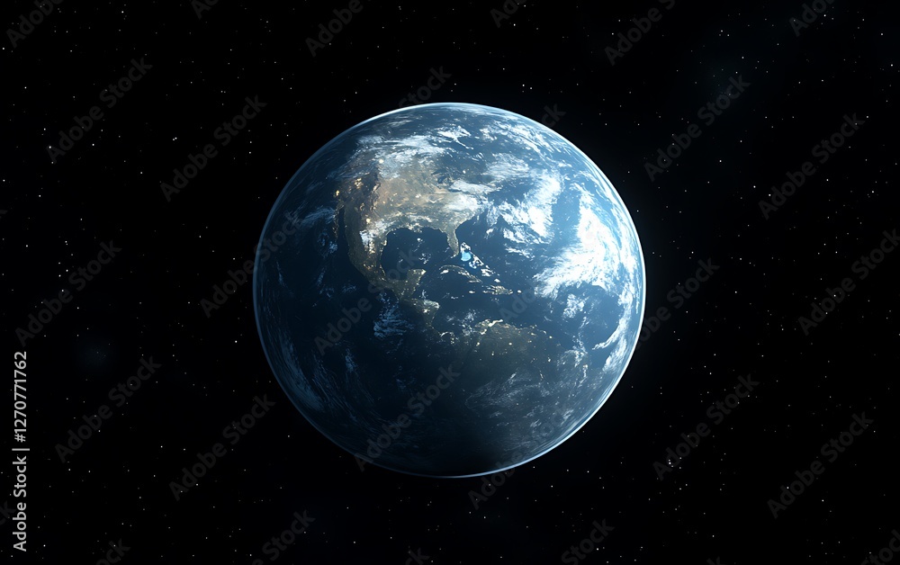 Earth view from space with city lights visible against a star backdrop. For education Earth view from space with city lights visible against a star backdrop. For education