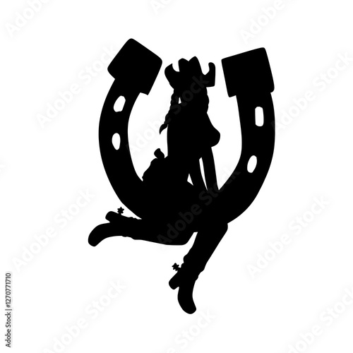 Silhouette of a Cowgirl Sitting on a Horseshoe Vector Illustration