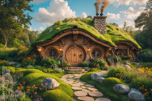 Whimsical Hobbit House Surrounded by Lush Greenery, Wildflowers, and a Rustic Stone Chimney, Featuring Wooden Doors, Intricate Carvings, and a Cozy, Enchanting Fairytale Atmosphere
