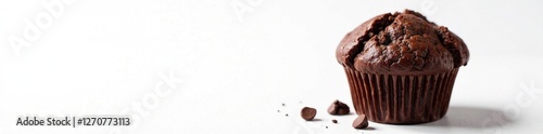 White background with a deliciously moist chocolate muffin, chocolate, muffin, breakfast or brunch