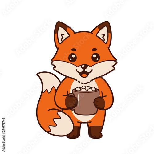 Adorable Cartoon Fox Holding a Cup of Hot Chocolate with Whipped Cream