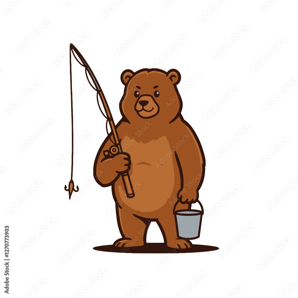 Obraz premium Cartoon Bear Holding a Fishing Rod and Bucket with a Calm Expression