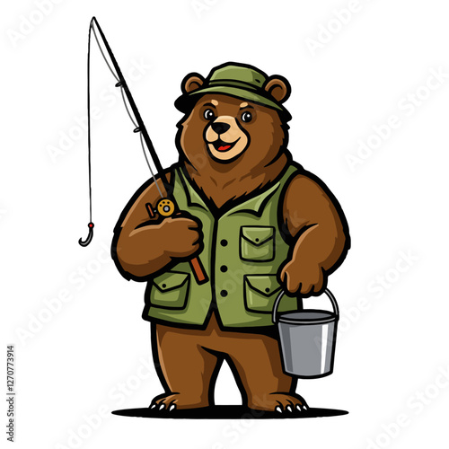 Cartoon Bear Wearing Fishing Vest and Hat Holding Rod and Bucket