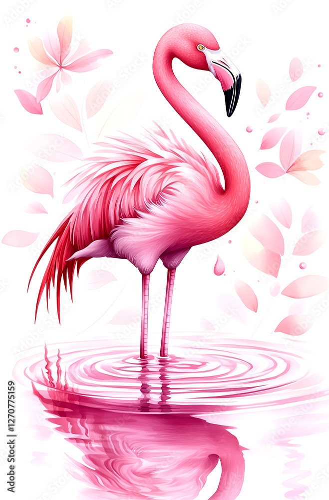 Fototapeta premium Beautiful pink flamingo is standing in a pink body of water. The water is a deep shade of pink, and the flamingo's feathers are also a vibrant shade of pink. The scene is serene and peaceful
