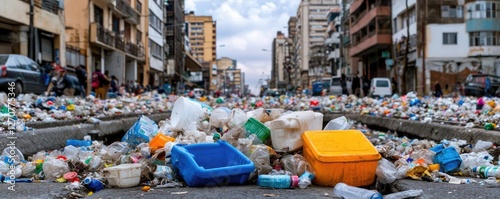 Wallpaper Mural Plastic pollution concept. A street cluttered with trash and plastic waste highlighting environmental issues. Torontodigital.ca