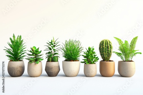 A diverse collection of potted plants, including ferns and cacti, artfully arranged against a crisp white background, showcasing vibrant greenery and unique textures.