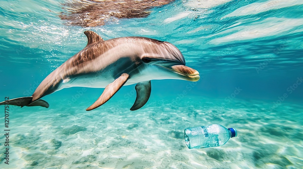 Obraz premium Plastic pollution idea. A dolphin swims gracefully near a discarded plastic bottle underwater.