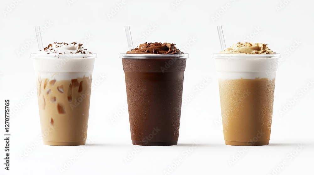 Three delicious, frosty coffee beverages in clear cups, topped with whipped cream and various flavors, ready to be enjoyed. Three delicious, frosty coffee beverages in clear cups, topped with whipped cream and various flavors, ready to be enjoyed.