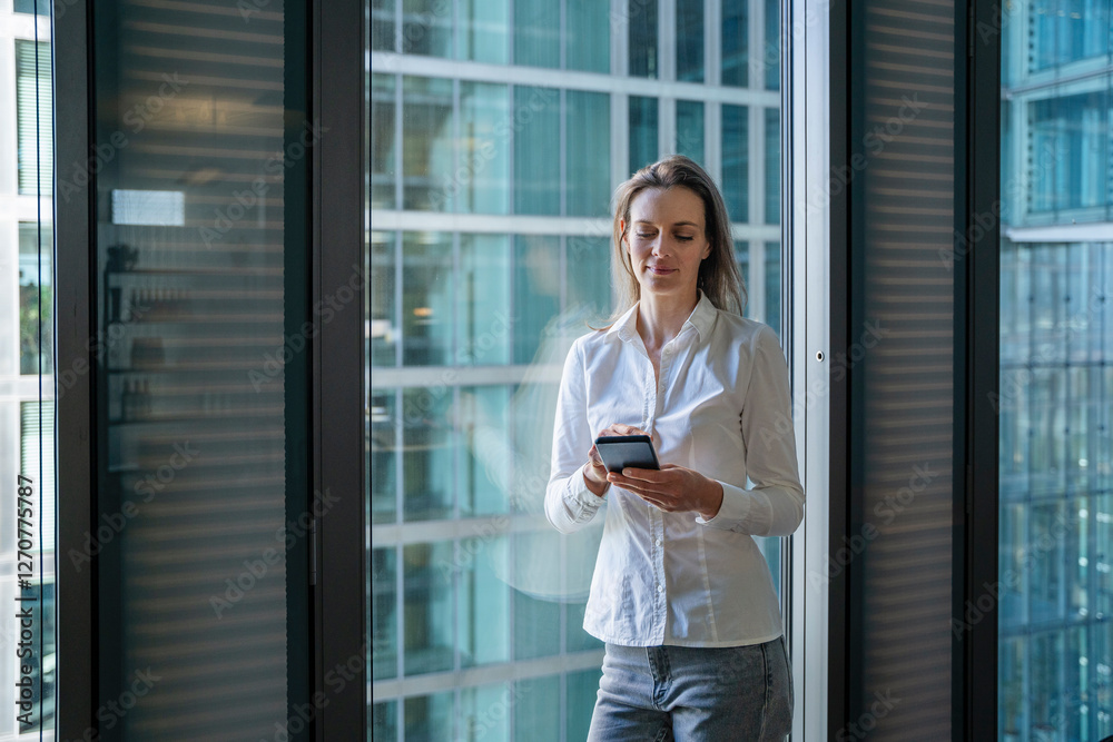 Smiling mature businesswoman using mobile phone and leaning on window Smiling mature businesswoman using mobile phone and leaning on window