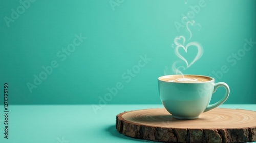 Aromatic Steam Hearts Adorn a Cozy Cup of Coffee on Rustic Wood