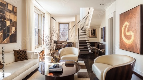 Luxurious city apartment living room, modern design, sunlight, staircase
