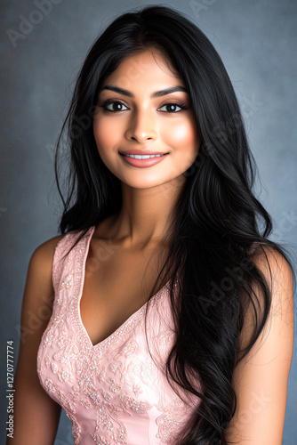 Indian Woman in a Pink Dress, with Long Black Hair in Side-Parting and Loose Waves photo