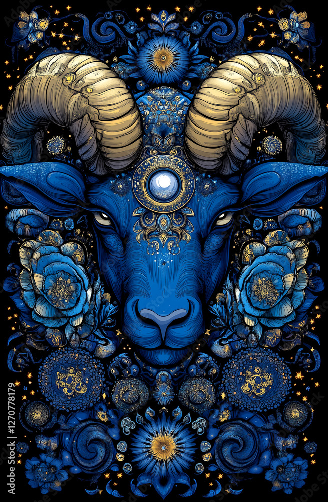 Fototapeta premium Blue ram with a flowery design on its face. The ram is surrounded by a lot of flowers and stars