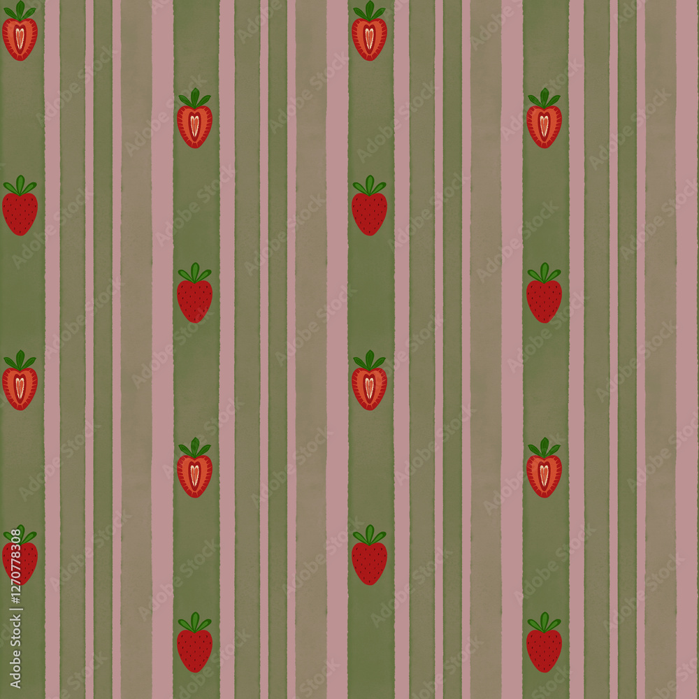 Seamless striped strawberry pattern. Red strawberries on green watercolor vertical textured stripes on muted pastel pink background. Seamless striped strawberry pattern. Red strawberries on green watercolor vertical textured stripes on muted pastel pink background.