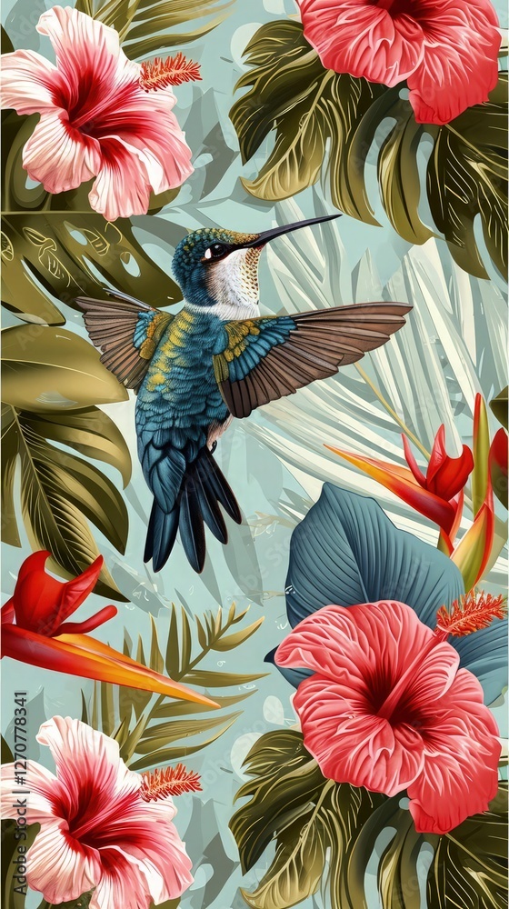 Hummingbirds and tropical flowers seamless vector pattern Hummingbirds and tropical flowers seamless vector pattern